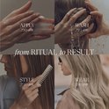 Vier panelen tonen een haarverzorgingsroutine: aanbrengen, wassen, stylen, dragen. Tekst: FROM RITUAL TO RESULT.