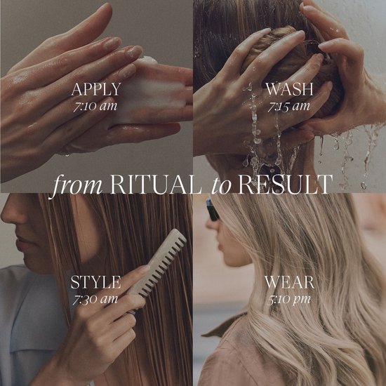 Vier panelen tonen een haarverzorgingsroutine: aanbrengen, wassen, stylen, dragen. Tekst: FROM RITUAL TO RESULT.