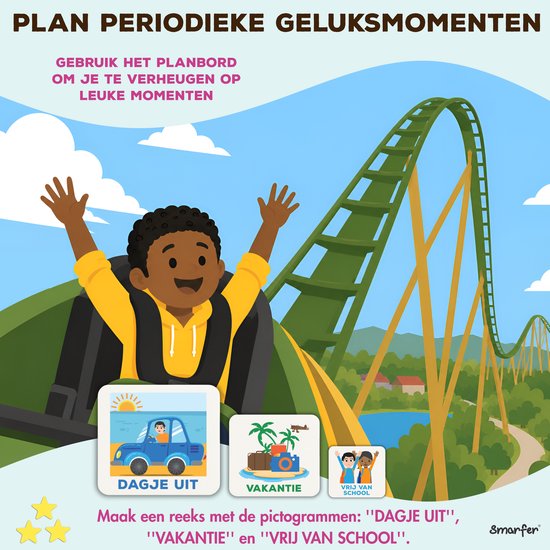 Un garçon dans des montagnes russes, bras levés. Planifiez des moments de bonheur périodiques avec le tableau de planification.
