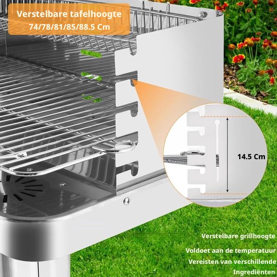 LIFERUN Houtskoolgrill roestvrij staal - barbecue voor camping - met verstelbaar grillrooster - 57 x 38 x 89,5 cm — afbeelding 2