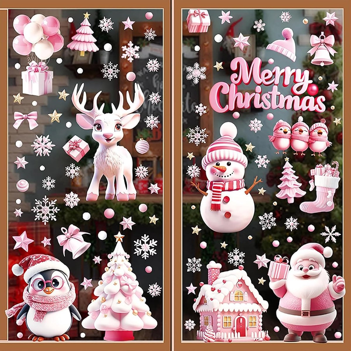9 Kerst Raamstickers 20x30 cm - Statische PVC Decoratie met Kerstbomen en Rendieren - 143 Delige Set voor Ramen en Glas