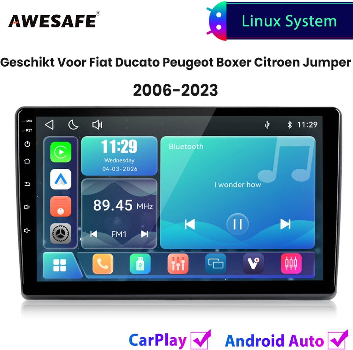 Awesafe Autoradio - Geschikt Voor Fiat Ducato Peugeot Boxer Citroen Jumper 2006 t/m 2023 - Draadloos Carplay Android Auto - Linux systeem - Touchscreen - Bluetooth Wifi - 2007 2008 2009 2010 2011 2012 2013 2014 2015 2016 2017 2018 2019 2020 2021 2022