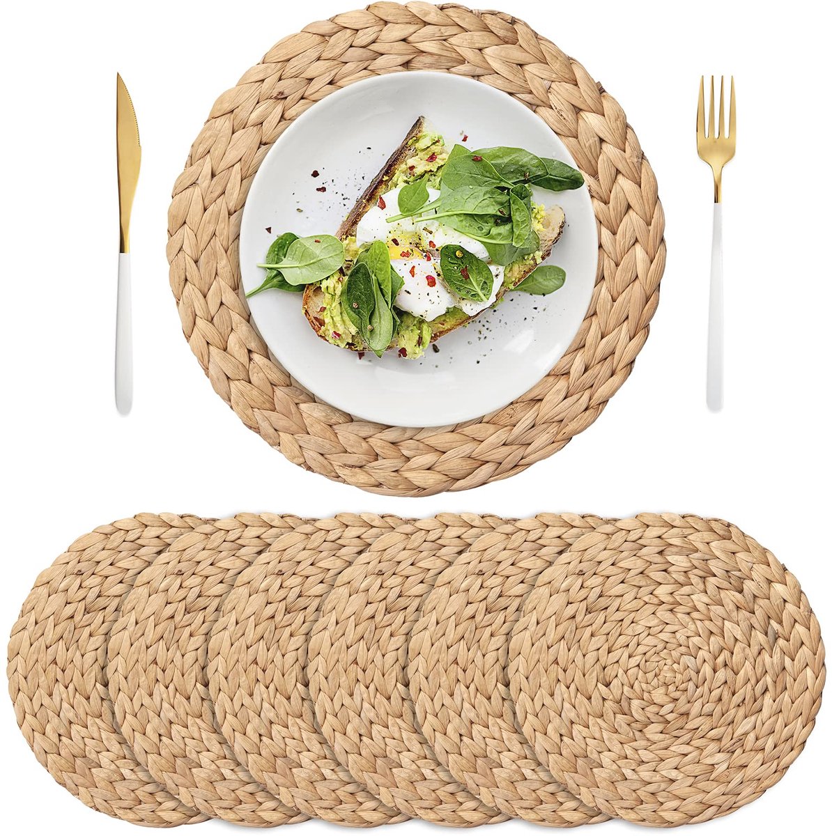 Famanu – Ronde gevlochten placemats set voor eettafel, waterhyacint placemats, handgemaakte geweven placemats, hittebestendige antislip wasbare tafelmatten, set van 6 (30 cm