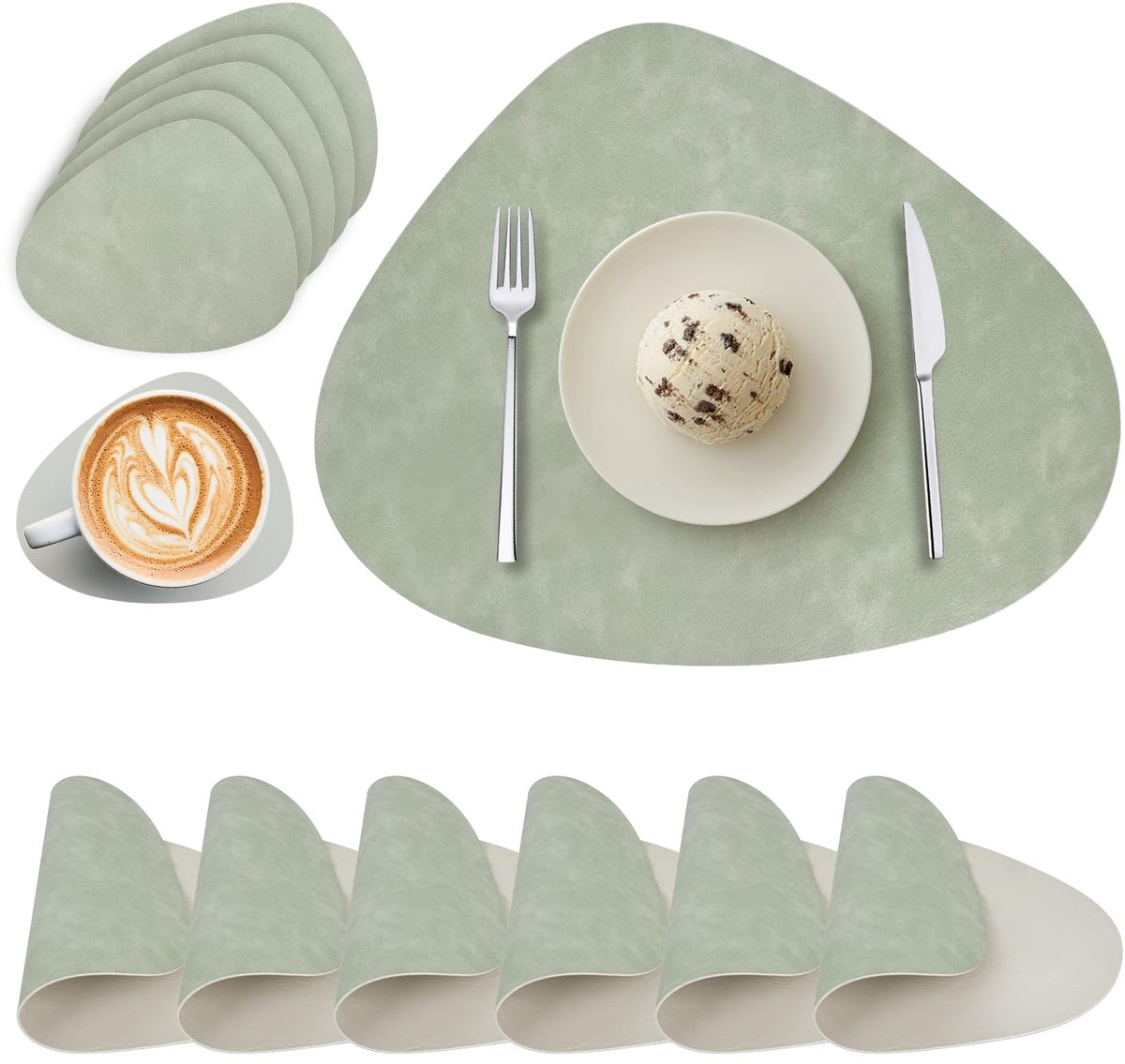 Famanu – Set van 6 ronde placemats en onderzetters, dubbelzijdige tafelmatten, warmtebestendig, waterdicht en wasbaar, antislip (groen en ivoorwit