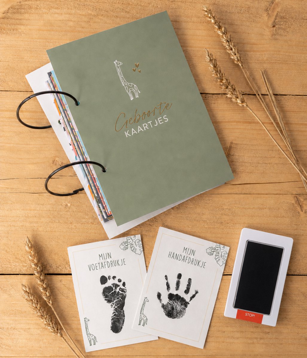 Goodz4All Bewaarbundel Geboortekaartjes met Hand- en Voetafdrukset – A5 – Groen met Goud – Kraamcadeau - Verzamelbundel Wenskaarten