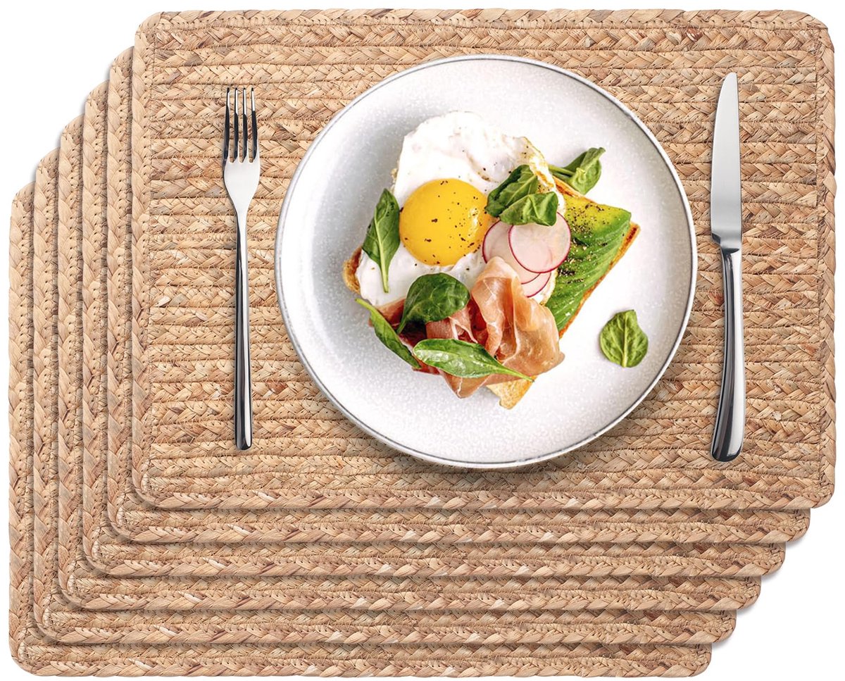 Famanu – Set van 6 geweven placemats van 43 cm x 30 cm, rotan tafelmatten, natuurlijke waterhyacint onderborden voor dinerborden, ideaal voor thuis en bruiloften