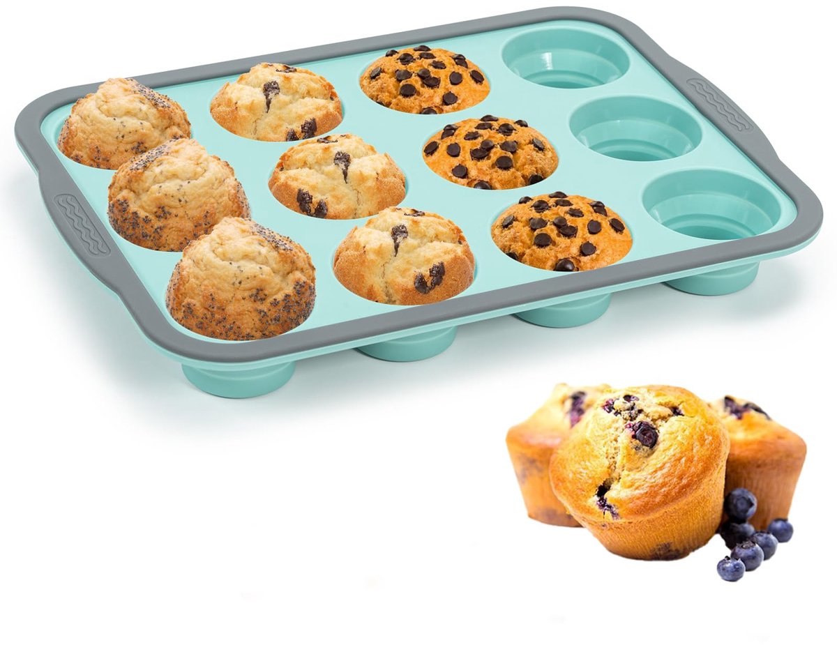 Famanu – Muffin bakvorm voor 12 muffins, standaardformaat, siliconen met metalen frame, anti-aanbaklaag, BPA-vrij