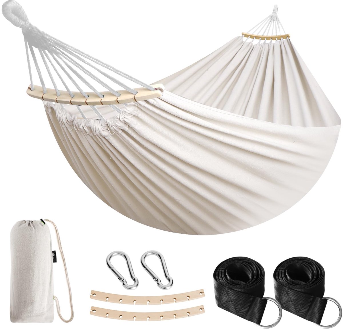 Famanu – Outdoor katoenen hangmat met boomriemen, draagbare campinghangmat met spreidstangen, inclusief reistas voor binnen, balkon, tuin en terras
