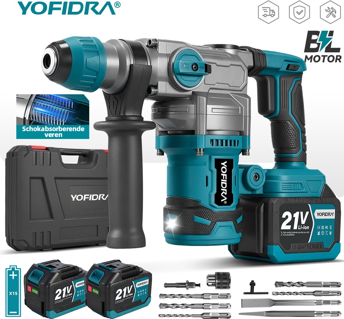 Yofidra Klopboormachine Borstelloos – SDS-Plus 26mm – 2x 21V Accu – 2-in-1 Klop&Boor – incl. 10-delig Accessoireset – voor Beton & Metselwerk