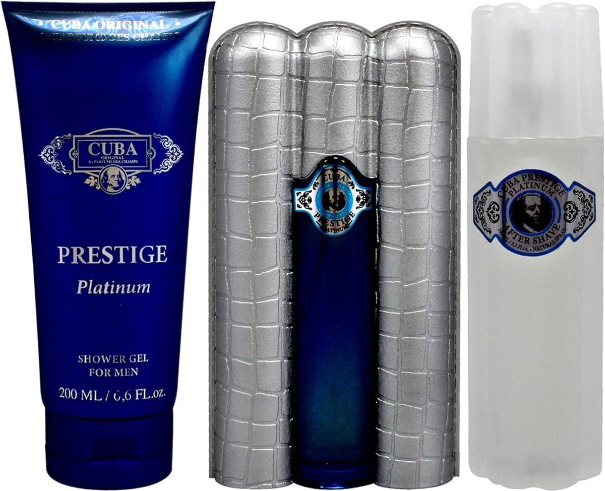 Cuba Prestige Platinum Fragrance for Men 3 Piece Gift Set - 3.0oz EDT Spray, 3.4oz Aftershave, 6.8oz Shower Gel
