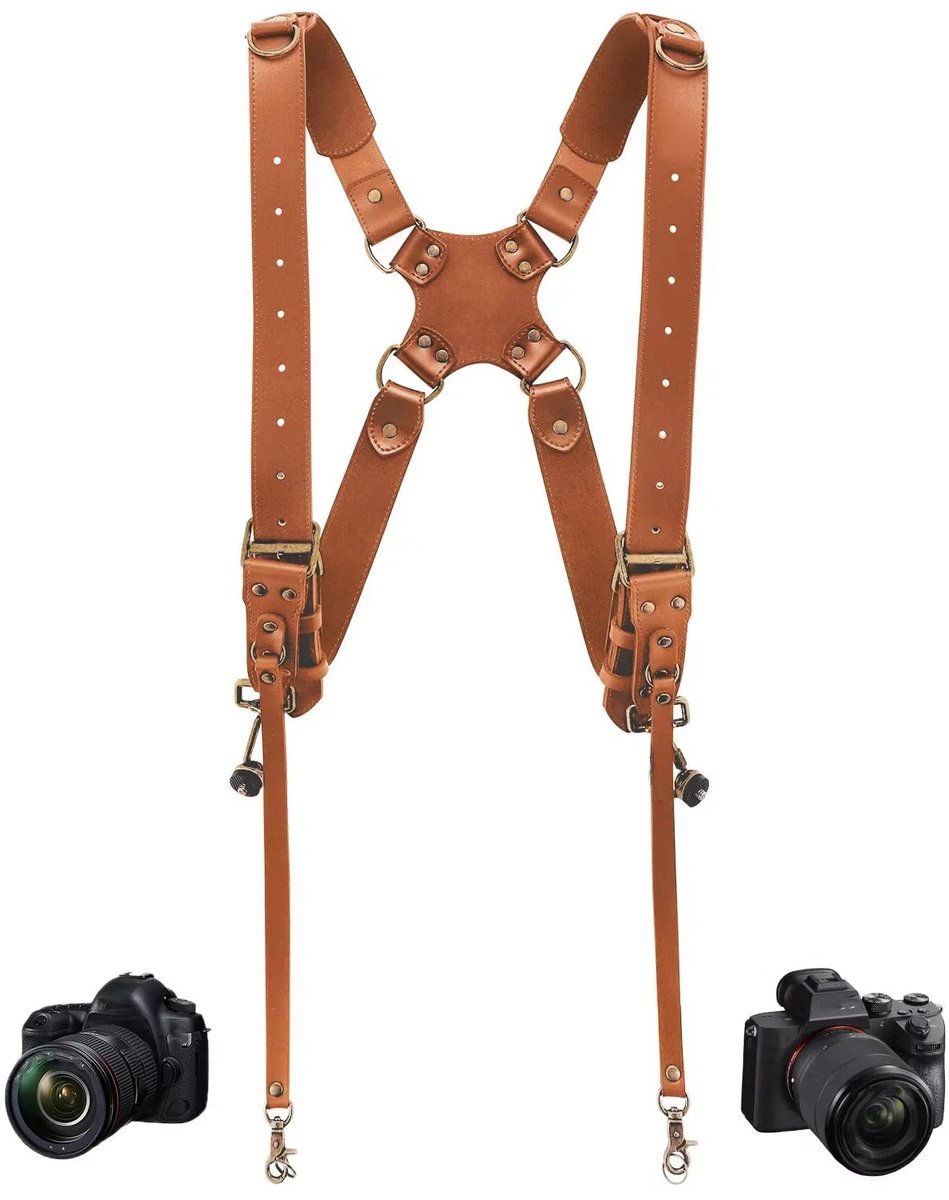 Camera Harness for 2 Cameras Small Size,Dual Shoulder Leather Camera Strap,Double Leather Camera Harness for DSLR/SLR - ShopVlot