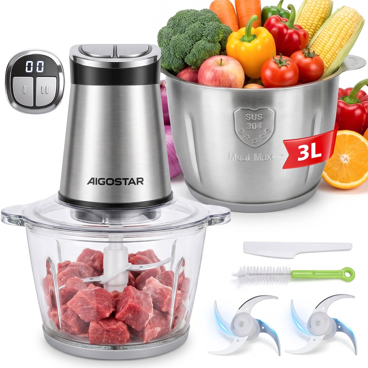 Aigostar Hakmolen Elektrisch - Food Chopper - RVS 3L Kom & Glazen 2L Kom - Timer - 2 Snelheden -400W