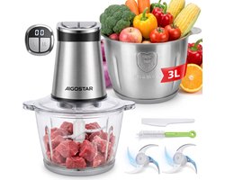 Aigostar Hakmolen Elektrisch - Food Chopper - RVS 3L Kom & Glazen 2L Kom - Timer - 2 Snelheden -400W