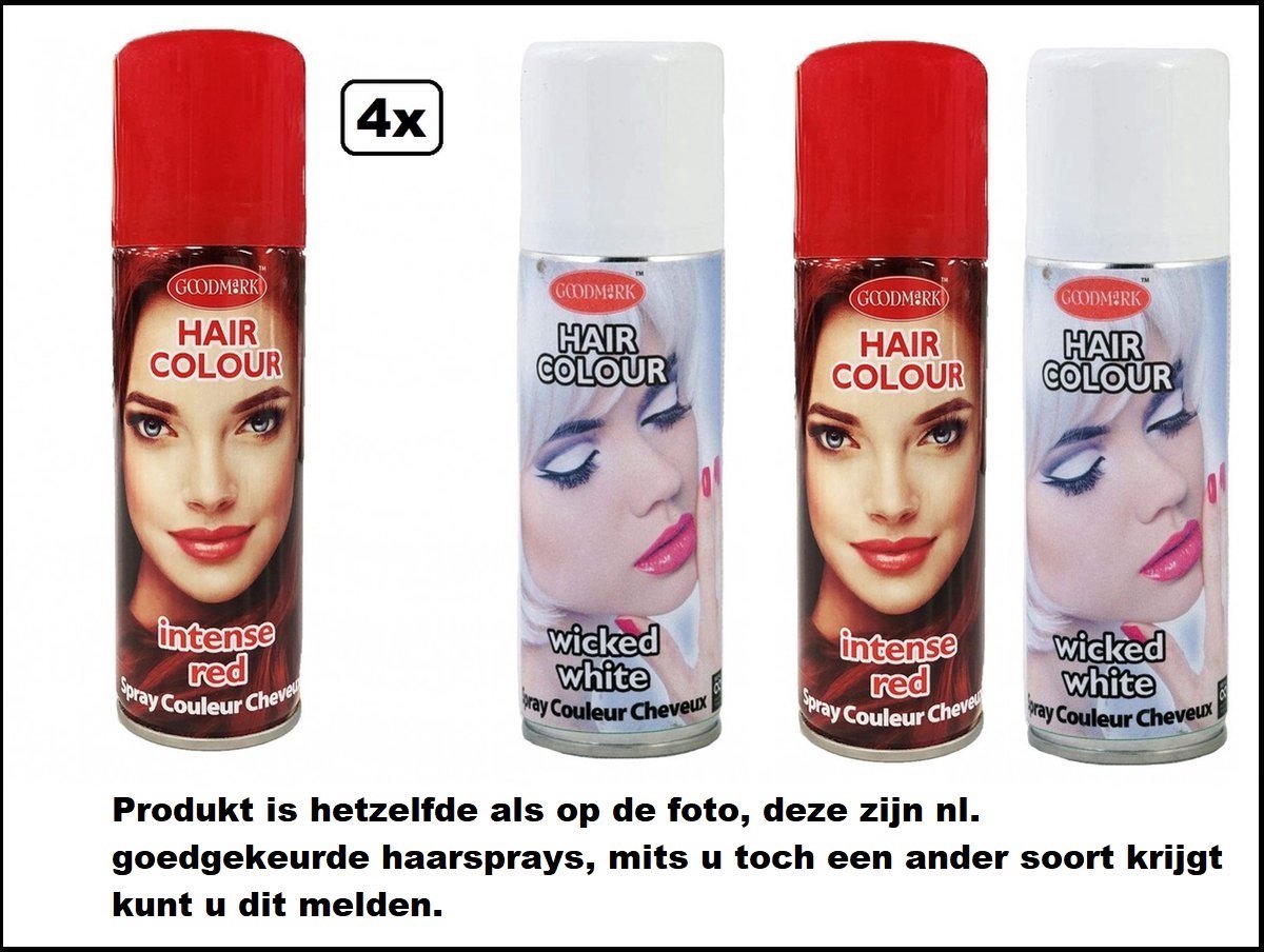 4x Haarverf/haarspray rood/wit 125 ml - Merk Goodmark - Festival thema feest carnaval haar kleurspray party