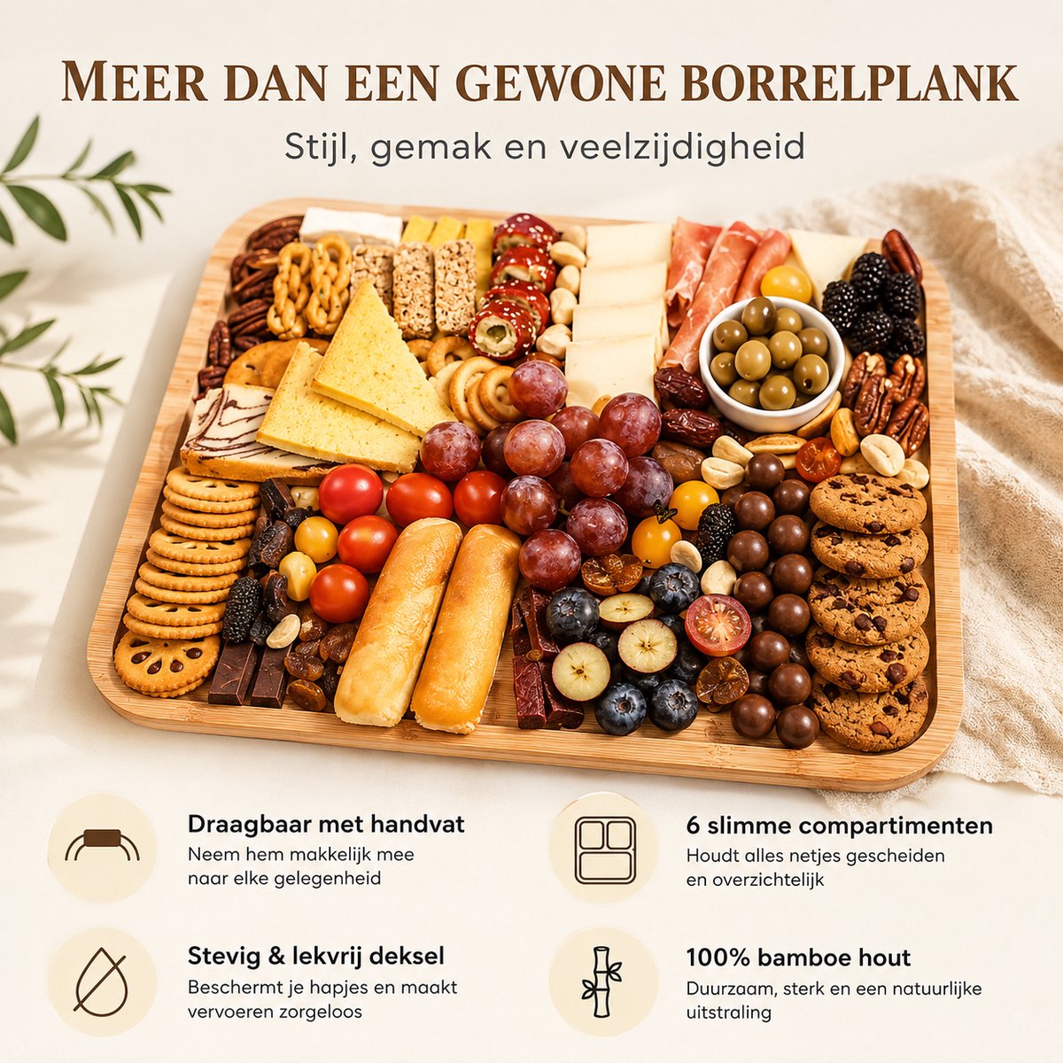 Latium Borrelplank van Bamboe Hout inclusief Deksel met Handvat - Luxe Tapasplank - Serveerplank - Inclusief gratis E-book - Kerstcadeau voor Vrouwen of Mannen — cadeau in Kookcadeaus - foto 4
