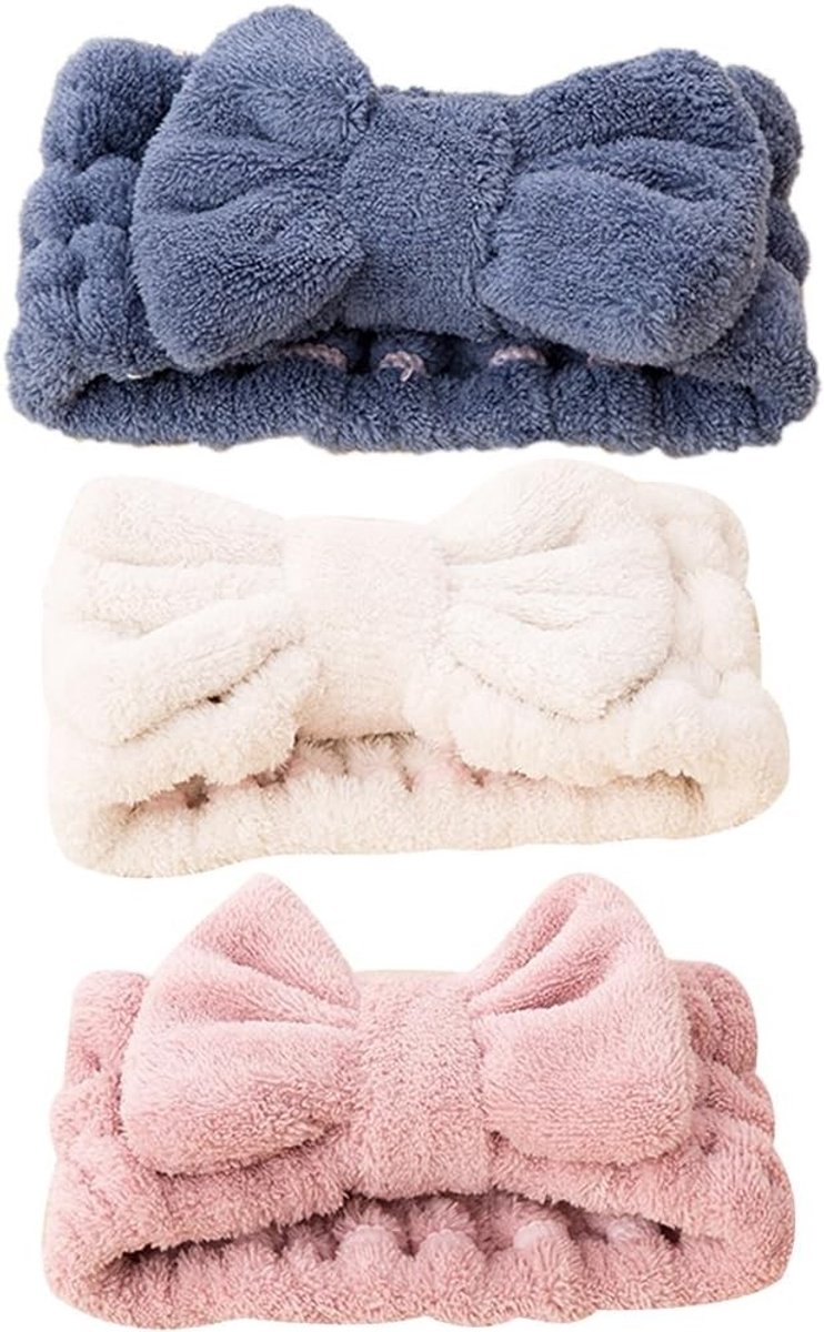Elastische Haarbanden met Strik voor Make-up en Douche, 3 Stuks in Blauw, Roze en Wit - Perfect voor Vrouwen en Meisjes