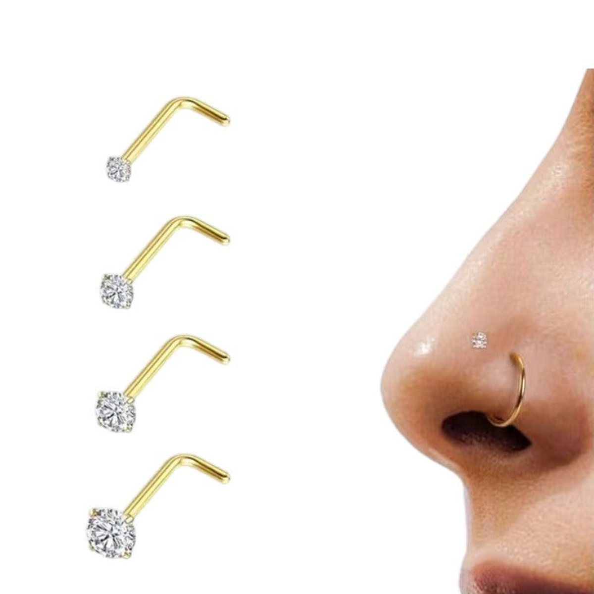 Goudkleurige Neuspiercing Transparante Zirkonia – L-Staafje - 2.5mm