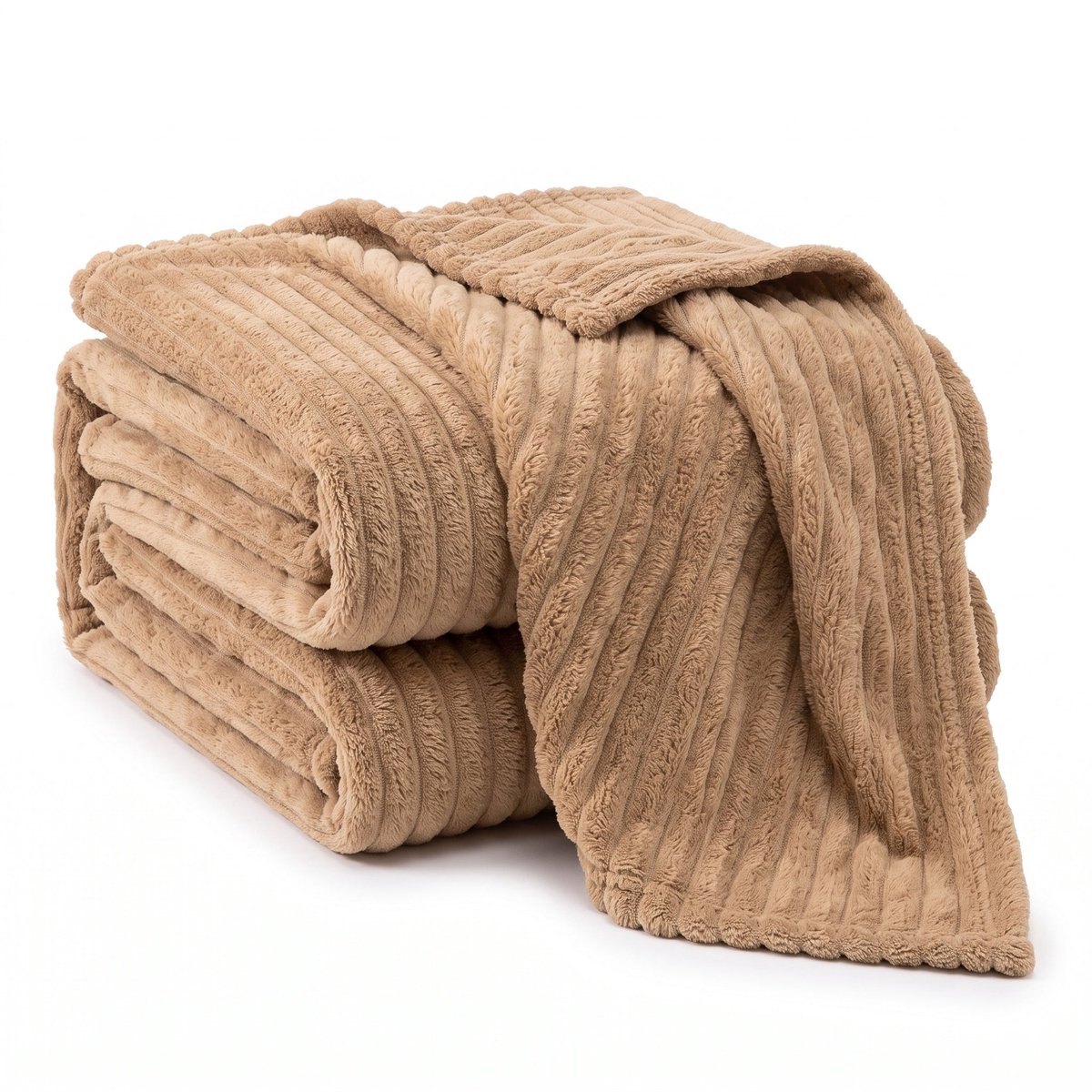 Cheqo® Fleece Deken - Plaid - Fleece Plaid met Ribstof - Woondeken - Knuffeldeken - Bankdeken - Plaid voor Bank - Grand Foulard - Sprei - Heerlijk Zacht en Warm - Camel Beige Plaid - Bruine Deken voor Bed en voor Woonkamer - Fleece Blanket