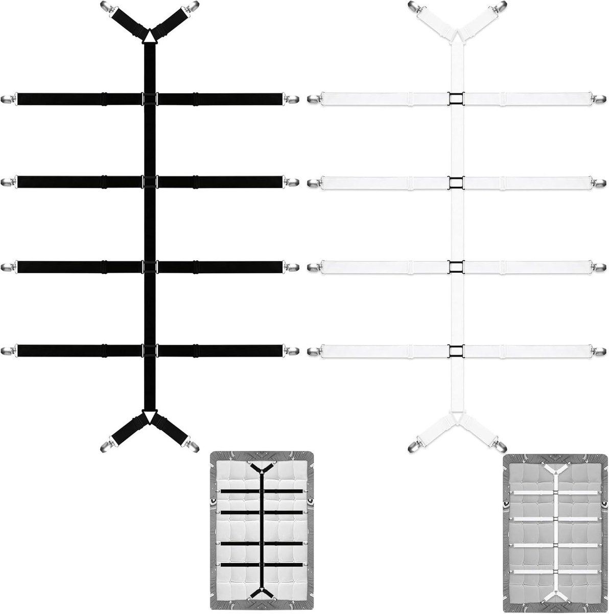 Hoeslaken Spanapparaat - Zwart - Verstelbaar - Elastisch Nylon met Metalen Clips - Voor Matrassen en Banken