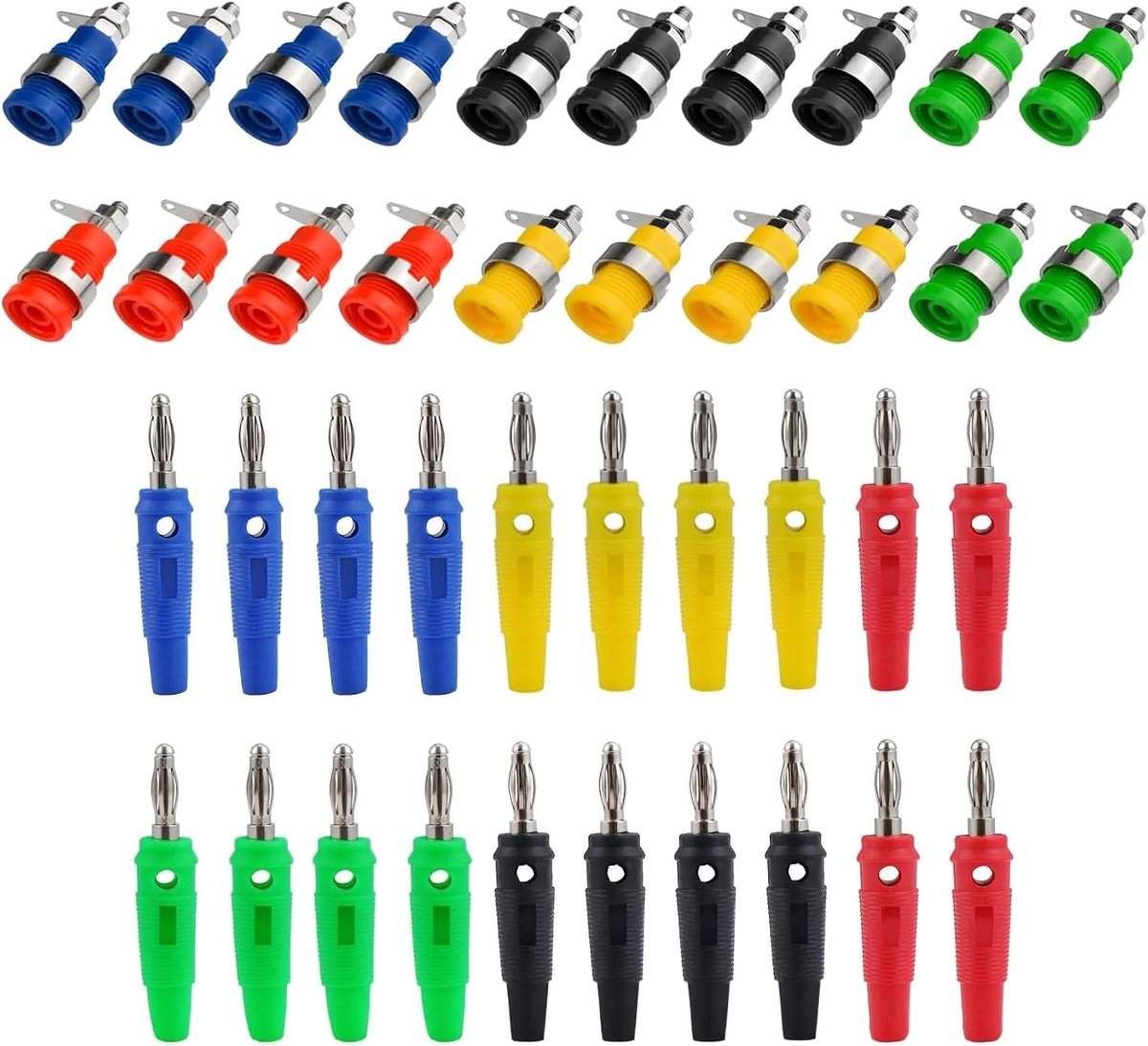 20 Stuks 4mm Banana Plugs in 5 Kleuren - Rood, Geel, Zwart, Blauw, Groen - Ideaal voor Audio en Elektronica Verbindingen