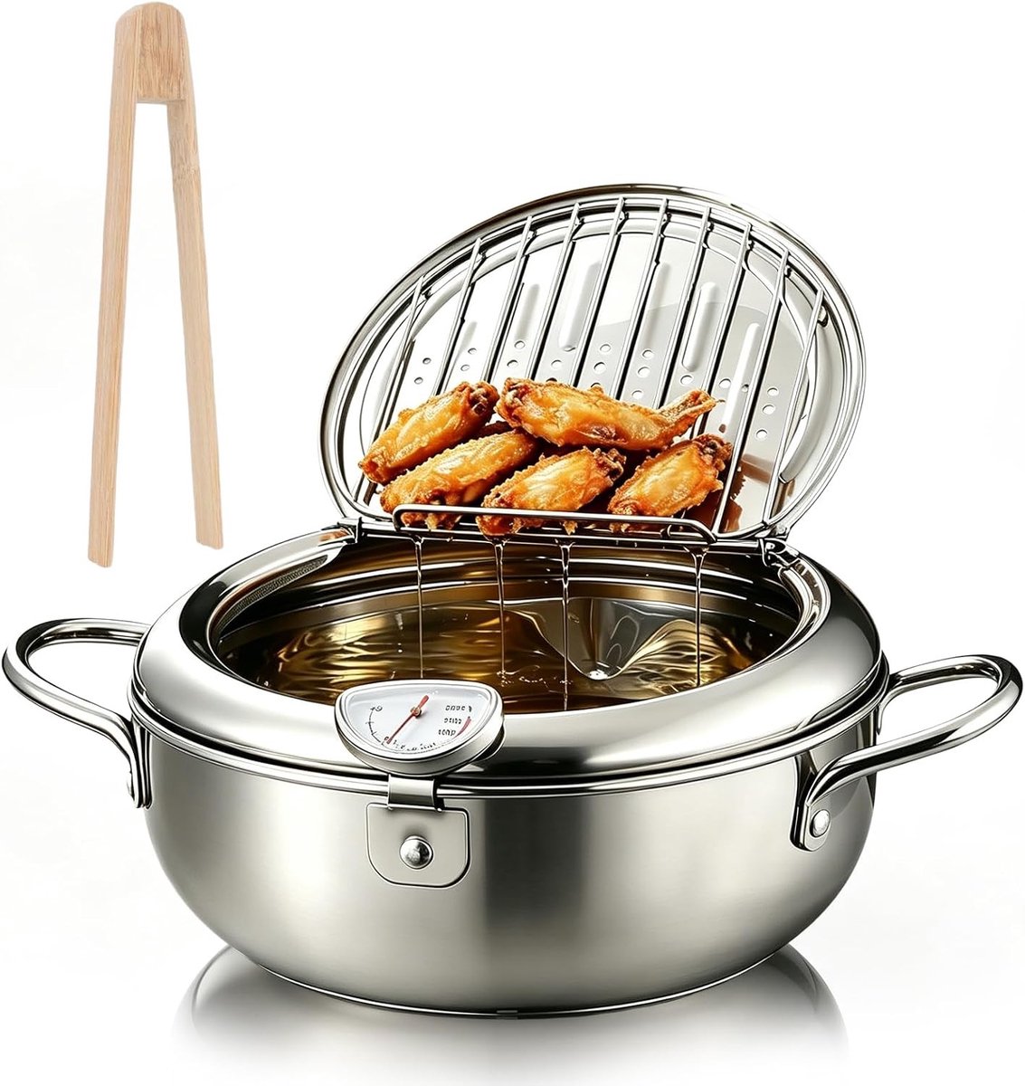 Frituurpan - Zilver - 20 cm - Roestvrijstalen Tempura Friteuse met Thermometer - Voor Frituren van Kip en Frietjes