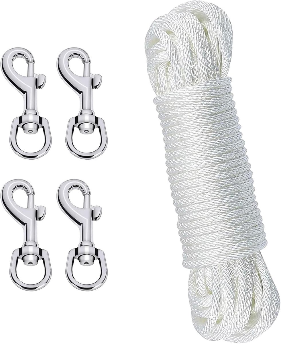 Vlaggenmast Touw - Wit - 20 m - Nylon Touw met 4 Karabijnhaken - Voor Buiten en Camping