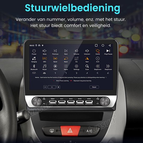 Scherm met stuurwielbediening: knoppen voor aan/uit, volume, navigeren en mediakeuze.