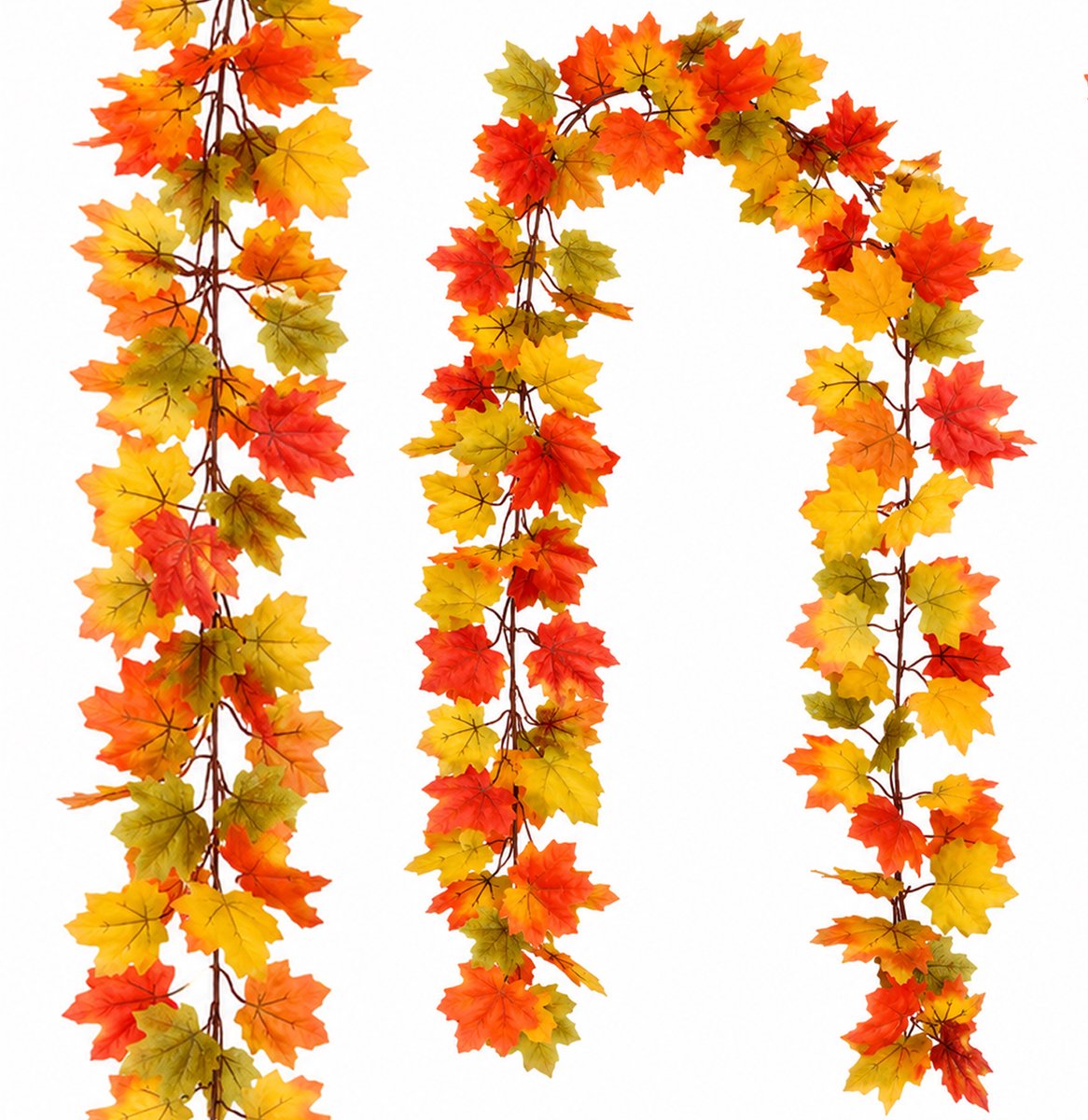 2 Stuks Kunstmatige Esdoorn‑bladeren Krans - 350cm Herfstdecoratie - voor Binnen en Buiten - Halloween en Thanksgiving Versiering - Realistische Herfstbladeren - Kunststof - eenvoudig op te Bergen - Geel en Rood