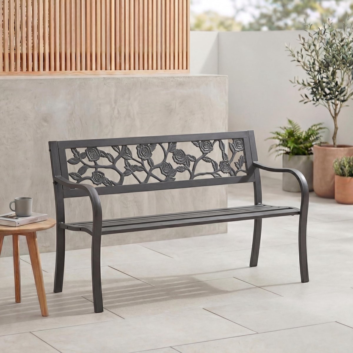 Famanu – Stalen tuinbank met Rose Design, 3-zits tuinmeubilair voor park en patio, zwart