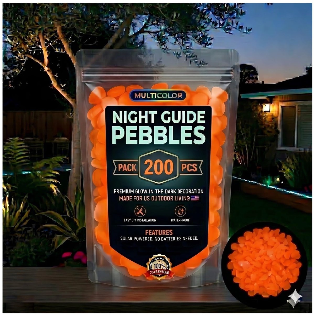 VONKELIOS®200 Stuks Gloeiende Kiezels in het Donker - Oranje Luminous Stenen voor Tuinpaden - Waterdichte Gloeiende Stenen voor Aquarium DIY Decoratie