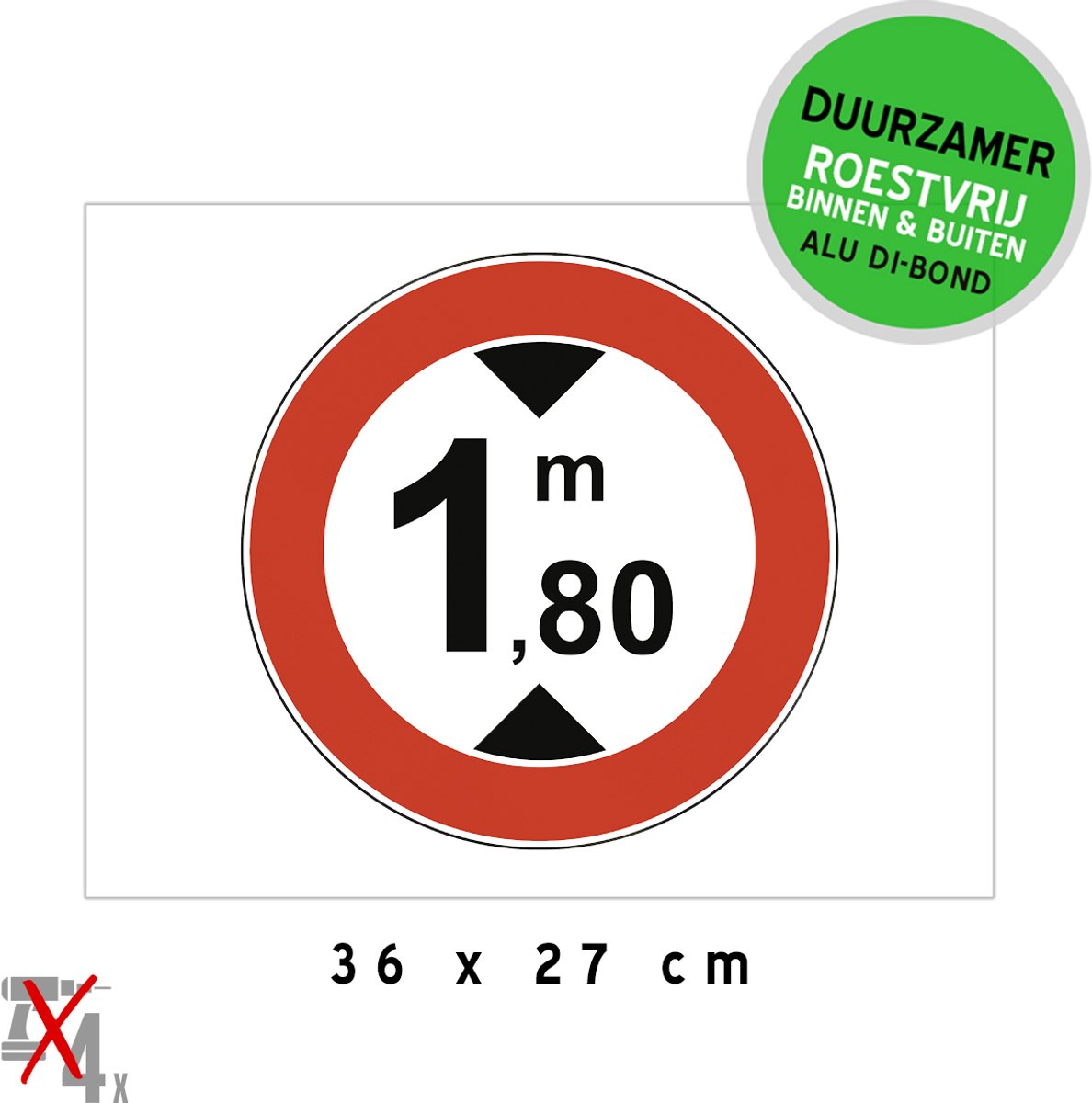 Pictogram/ bord Dibond | Hoogtebeperking 1,80 meter | 36 x 27 cm | Maximale doorrijhoogte | 180 cm | Let op | Inrit ondergrondse garage | Beperkte hoogte | Duurzaam | Parkeerplaats | wit/ rood | 1 stuk