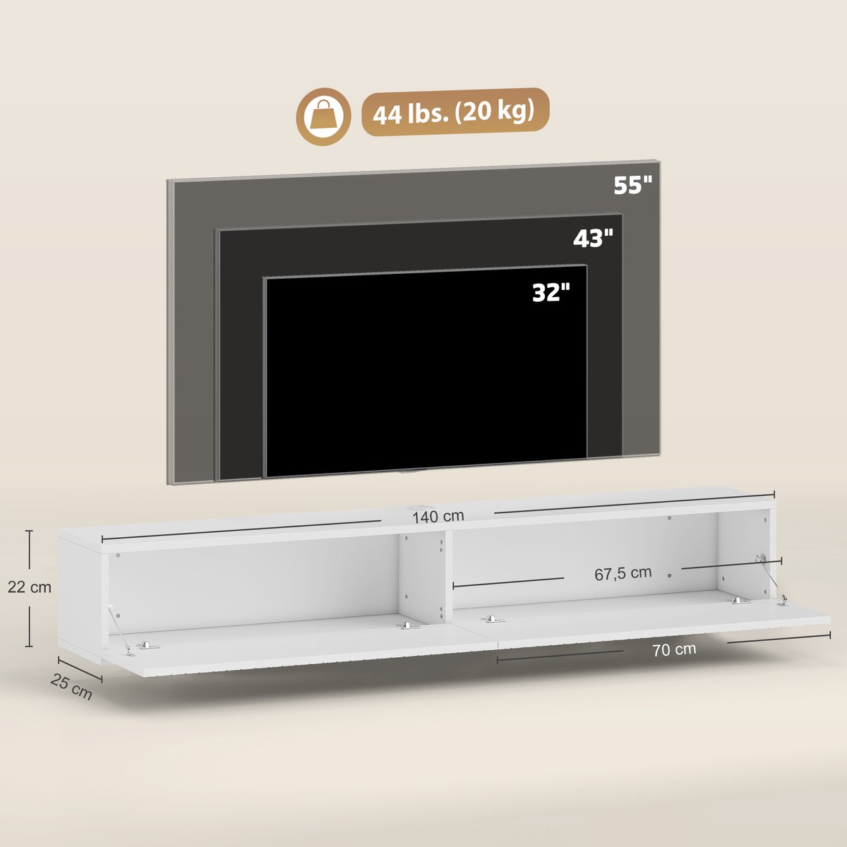 HOMCOM TV-standaard van MDF, 140x25x22 cm, wit