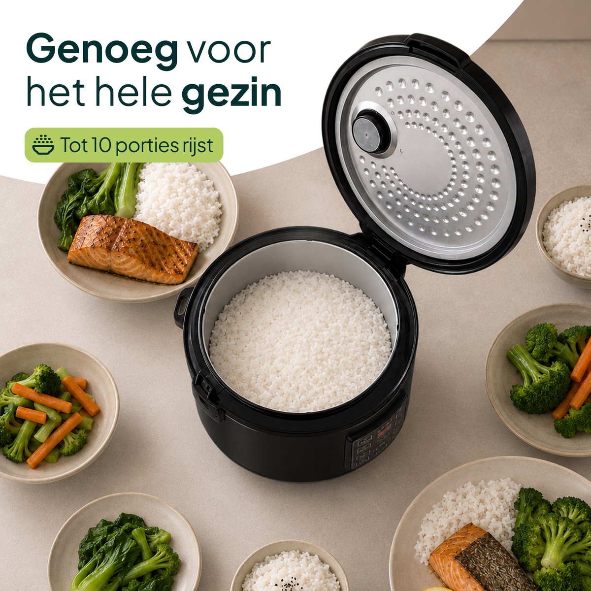 Vivid Green Rijstkoker 1,8 Liter met Stomer - PFAS-vrij - 7-in-1 Multicooker - 1 tot 4 Personen - Rice Cooker - Zwart – foto 5
