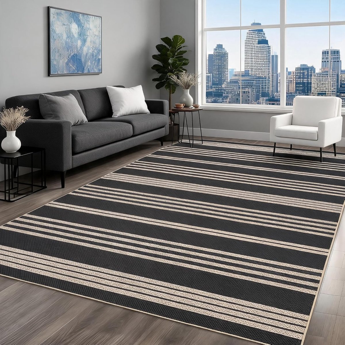 Vloerkleed Modern Linnen Look Zwart Wit 80x150 cm Wasbaar Opvouwbaar Woonkamer