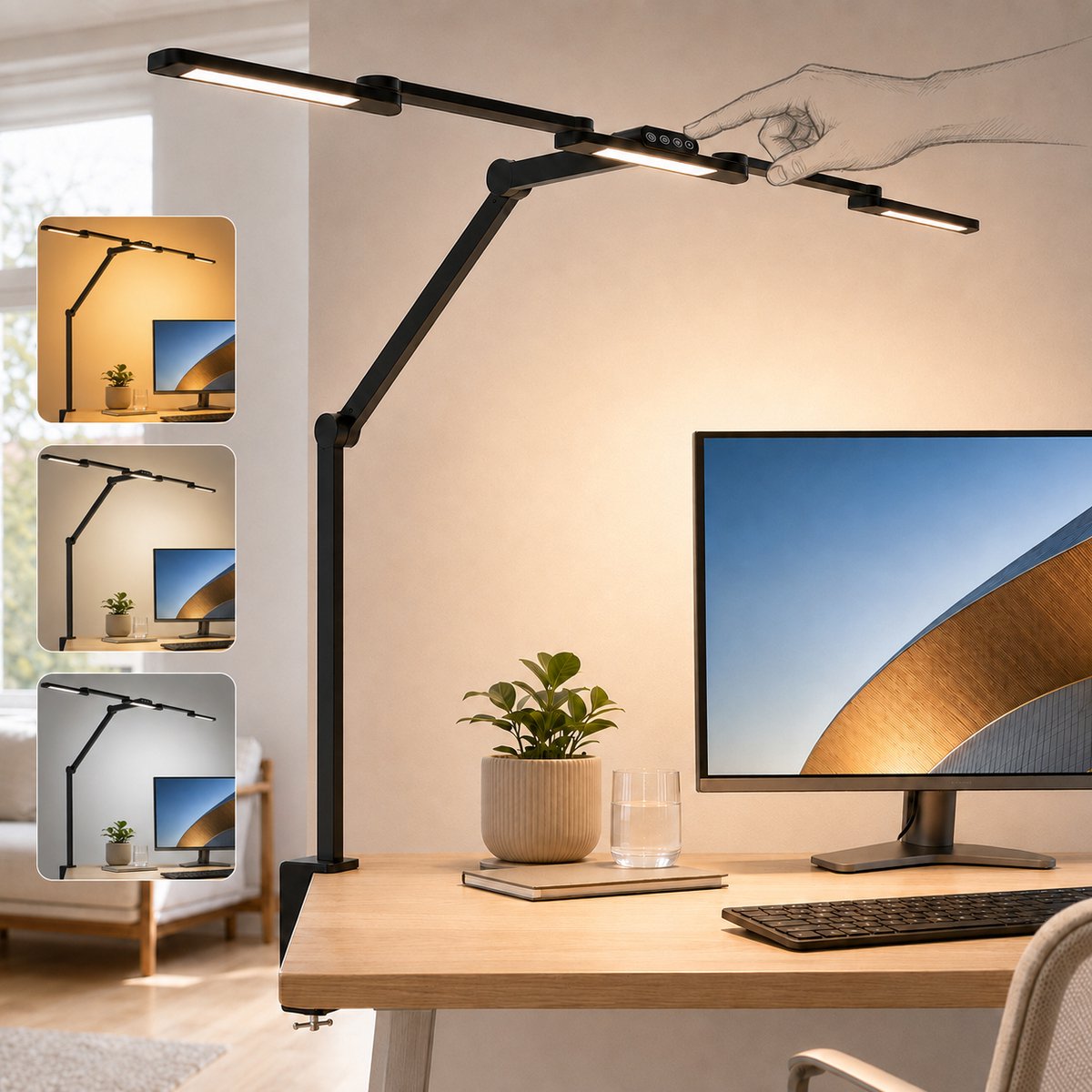 MUPOO 3-Lichts Bureaulamp LED Dimbaar met Klem Ø105 cm - Werklamp met 3 Verstelbare Lichtbalken&6 Draaipunten - Monitor Lamp met Automatische Lichtsensor - Klemlamp - Hobbylamp - Architectenlamp-voor oor Tekenen, Handwerk, Modelbouw en Werkbank