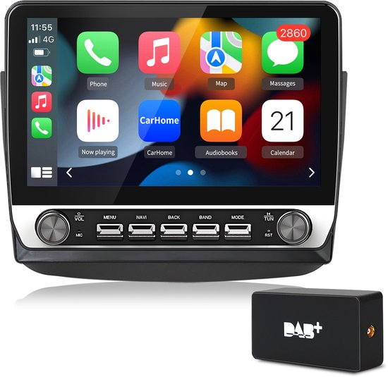 10.1-inch autoradio met touchscreen en bijpassende DAB+ antenne. Toont 'Phone', 'Music', 'Map', 'Messages', 'CarHome' apps.
