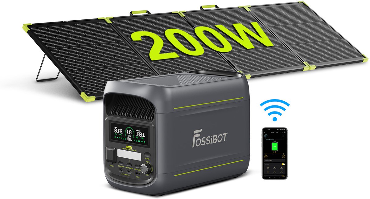 FOSSiBOT F1800 Draagbare Powerstation 1024Wh 1800W continu 3600W piek LiFePO4 incl. SP200PRO zonnepaneel | Uitbreidbaar ECO-modus UPS <10ms Noodstroom Camper Kamperen