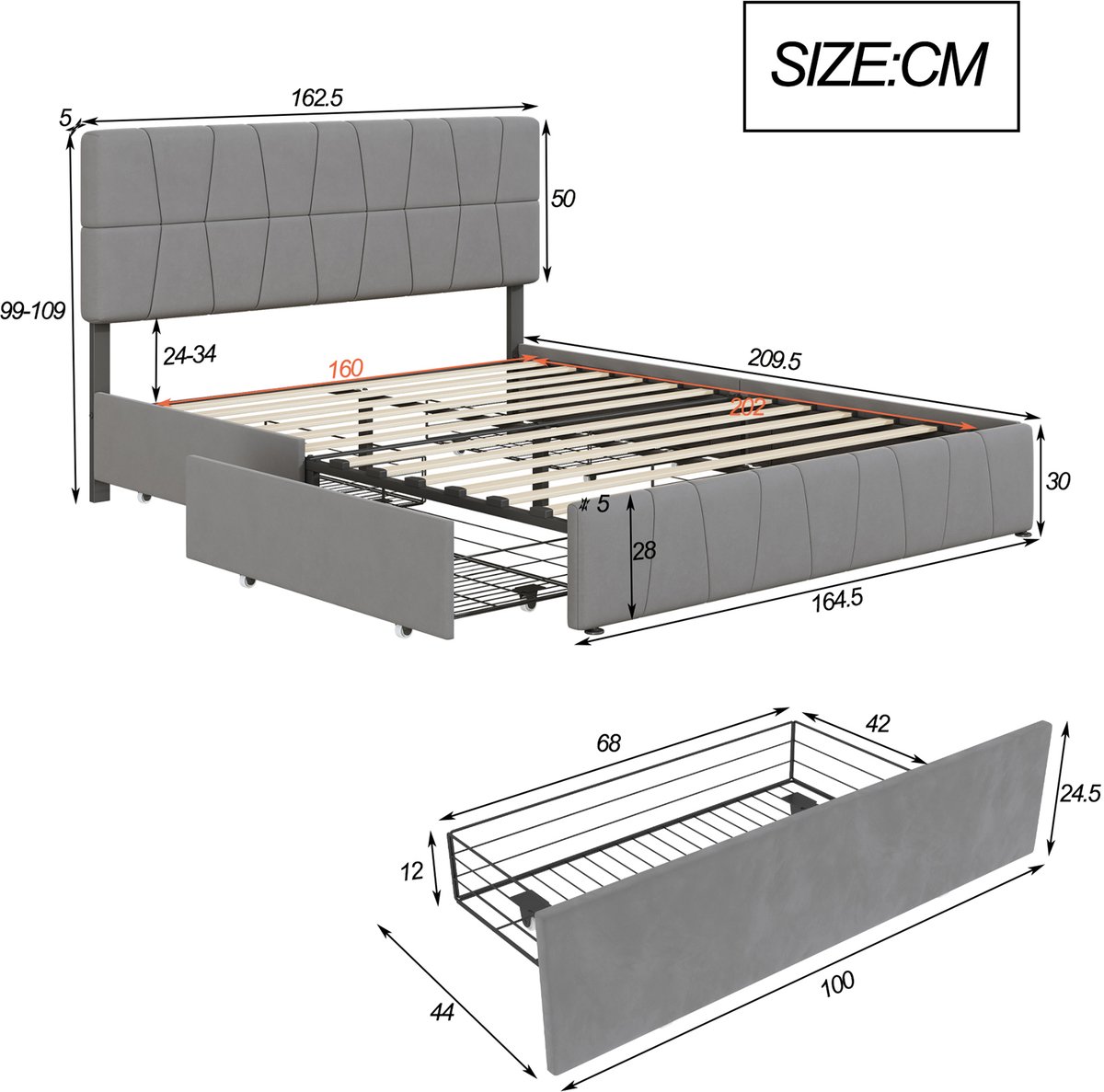 Gestoffeerd bed 160 x 200 - tweepersoonsbed - ledikant - bed - opberg bed - gestofeerd bed - tweepersoonsbed met opbergruimte - gestoffeerd bed met opbergruimte - Met 4 metalen lades - fluweel stof - grijs - Veilig Zachte Randen — cadeau in Cadeau-ideeën - foto 2