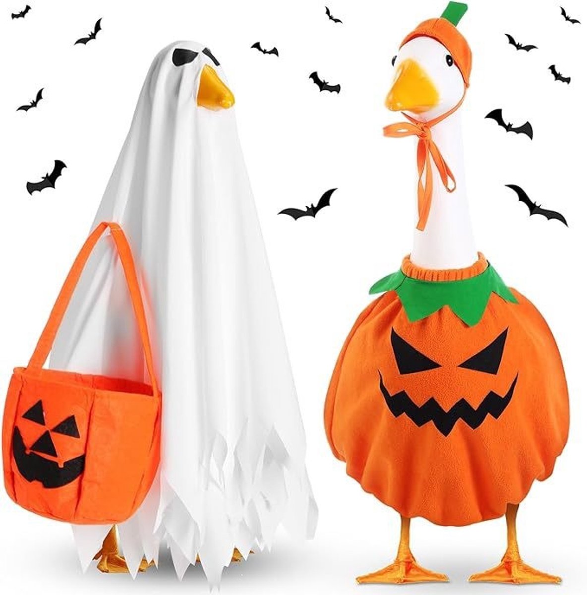 2 stuks-Halloween Ganzenkostuum - Ganzenkostuum voor op de veranda - Pompoen - Spookkostuum - Halloweenversiering - Geschikt voor een ganzenkostuum van 23inch - Oranje - Wit