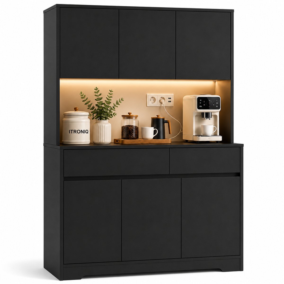 ITRONIQ Complete Keukenkast Met LED en Stopcontact - Buffetkast - 6 Deuren - Opbergkast Keuken Met Werkblad en Planken - Zwart