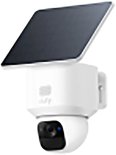 Witte Eufy beveiligingscamera met zonnepaneel, 2K HD, AI-tracking, draadloos voor buiten.