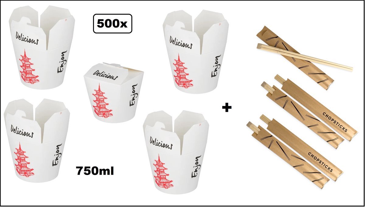 500 stuks Wok to Go beker Enjoy 750ml karton wit + 500 stuks Bamboe chopsticks eetstokjes 21cm in hoesje - Bami noodles festival diner food wokbeker