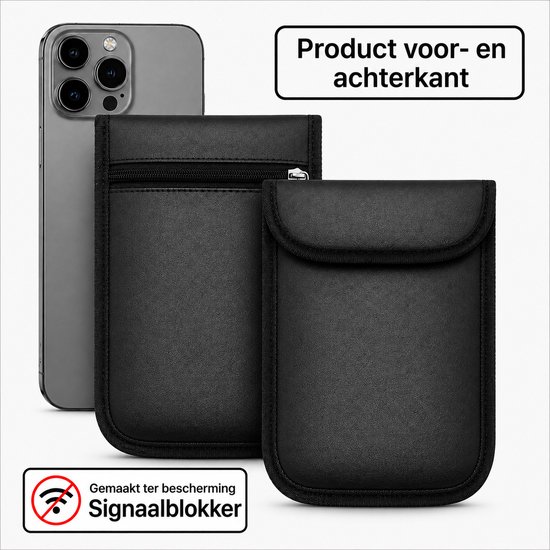 Pochettes noires de blocage de signal pour téléphone portable, une avec fermeture éclair, l'autre avec rabat.