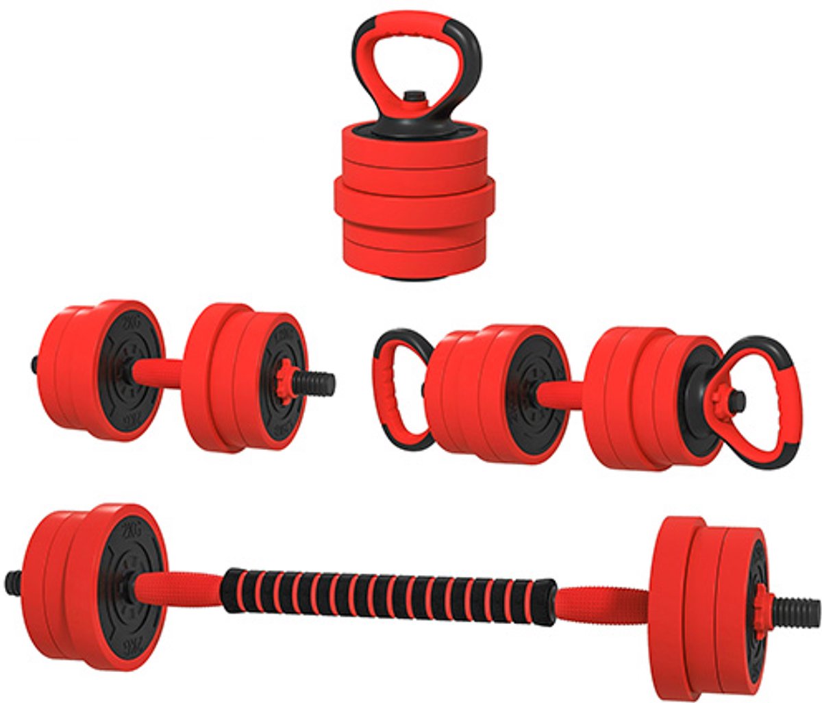 TEKROA® Dumbbells - 4-in-1 fitnessset van 20 kg - om te bouwen tot kettlebell - 2 dumbbells - halterstang en push-upstandaard - rood