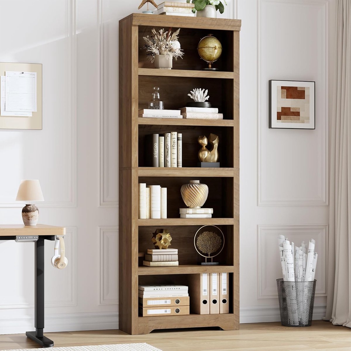 Hoge Boekenkast 6 Lagen - 60x29.5x190cm - Boekenkast Vintage - Verstelbare Planken - Kantelbeveiliging - Open Opbergkast - Voor Woonkamer Kantoor - Bruin
