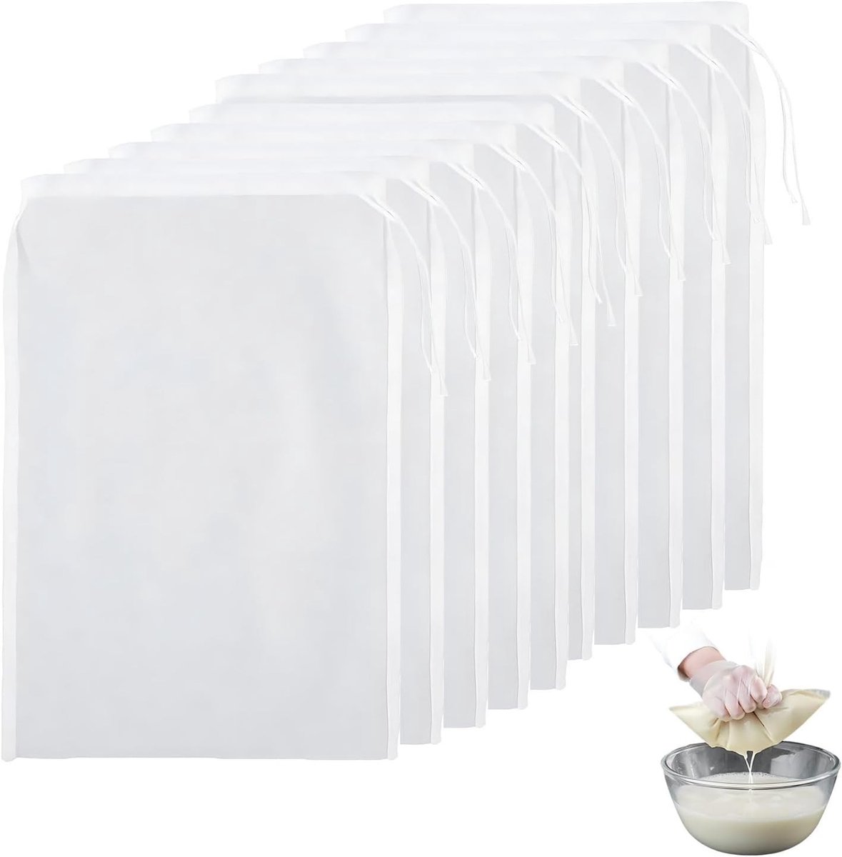 Set van 10 Herbruikbare Notenmelkzakken 20x30cm, Fijnmazige Katoenen Doeken voor Koken, Sap, Thee en Koffie