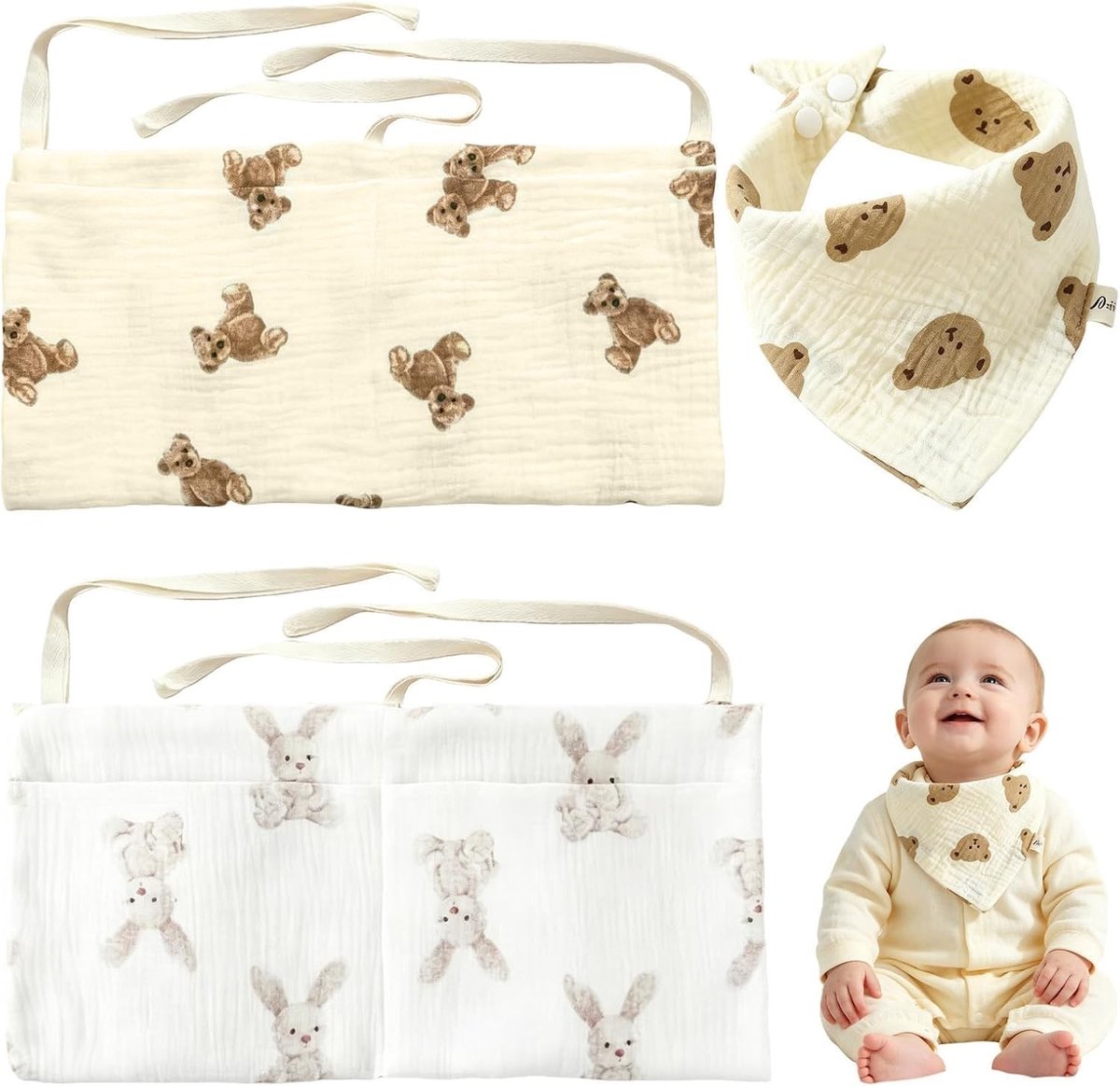3-delige Babybed Organiser Set met Verstelbare Opbergzakken voor Luiers, Kleding en Speelgoed