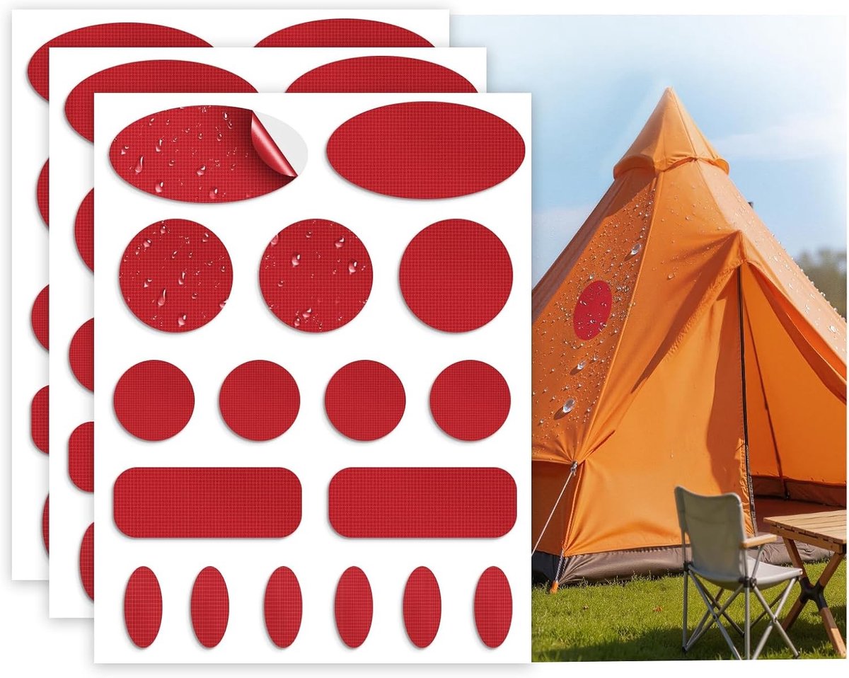 Patches en Reparatietape voor Jassen en Tent, 51 Stuks Zelfklevende Herstelsets voor Kleding, Slaapzakken en Buitenmateriaal, Donkerrood