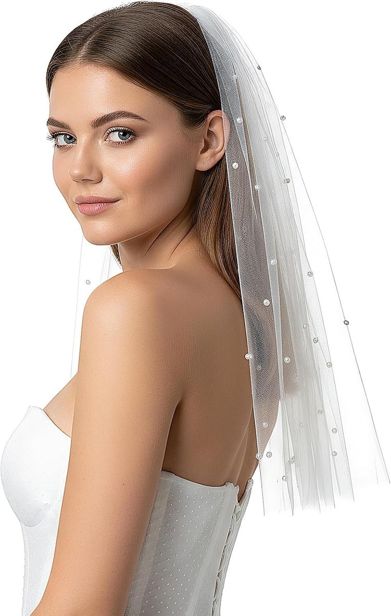 Elegante Bruidsluier van Zacht Tulle met Parels, Enkele Laag, Ideaal voor Trouwen en Vrijgezellenfeest, 60cm/95cm