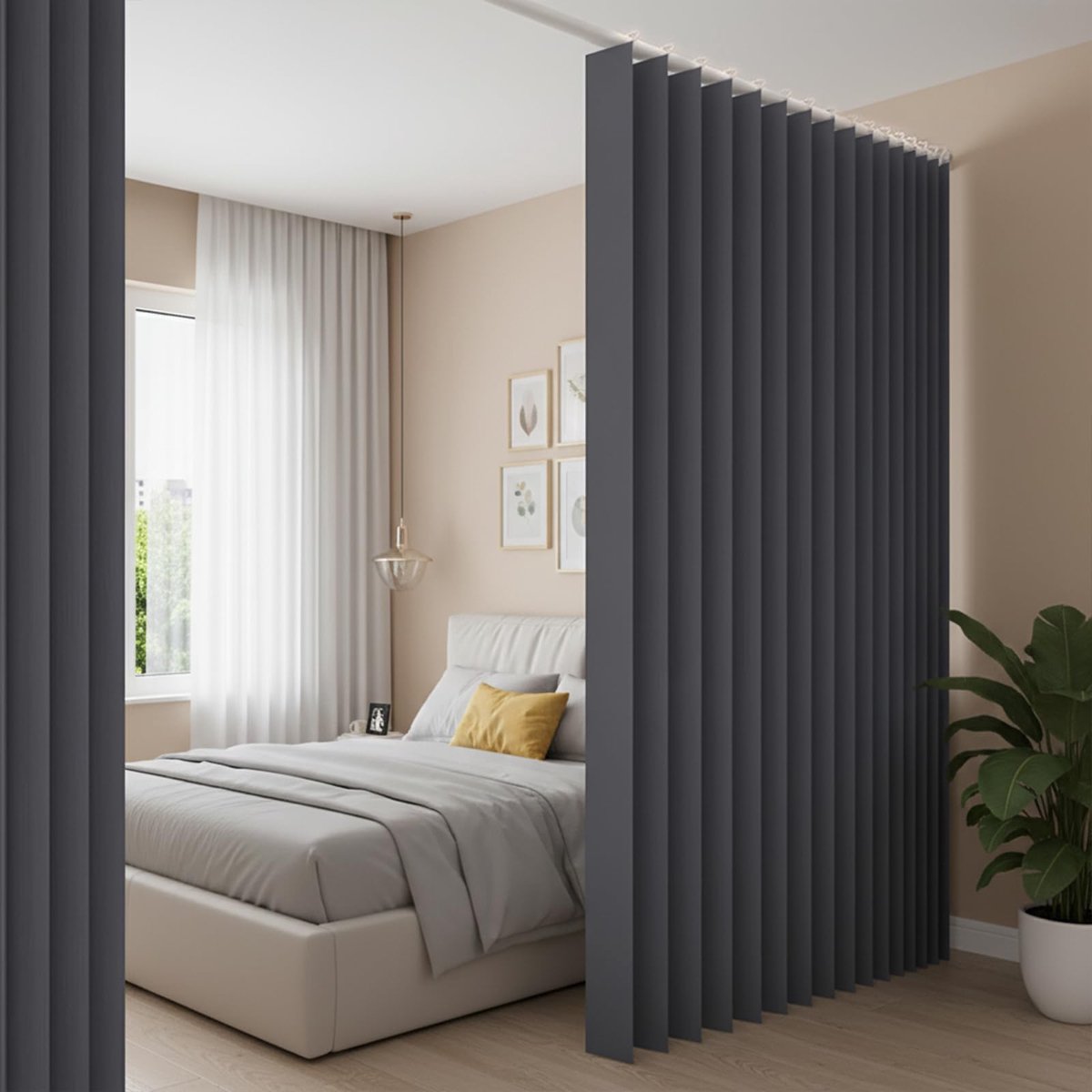 Famanu – Ruimteverdeler gordijn, extra breed, 241 x 254 cm, waterdicht, met haken, opvouwbare ruimteverdeler voor verschillende ruimtes, donkergrijs